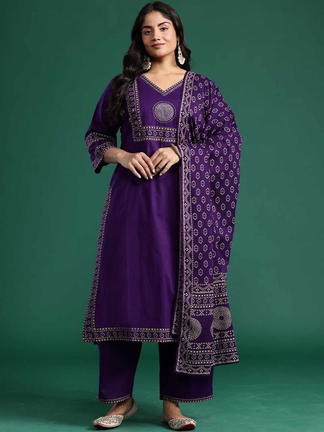 Dhiyona Women's Ethnic Motifs Printed Regular Mirror Work Pure Cotton Kurta with Trousers & With Dupatta