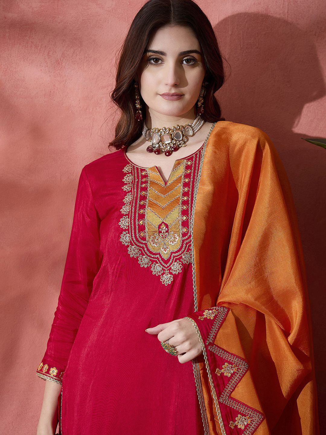 Women Ethnic Motif Embroidered Sequinned Kurta & Trousers With Dupatta