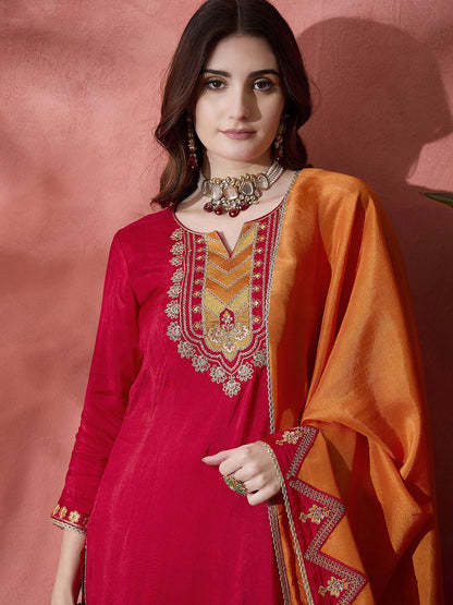 Women Ethnic Motif Embroidered Sequinned Kurta & Trousers With Dupatta