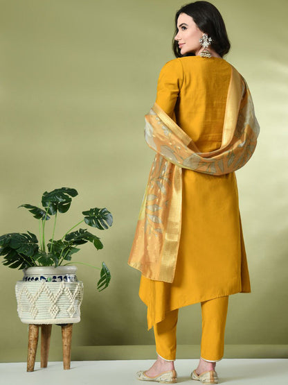 Ethnic Motifs Yoke Design Sequinned A-Line Kurta With Dhoti Pant & Dupatta