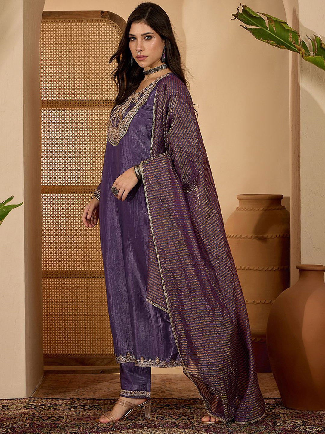 Women Zari Sequence Embroidered Kurta With Trouser & Dupatta
