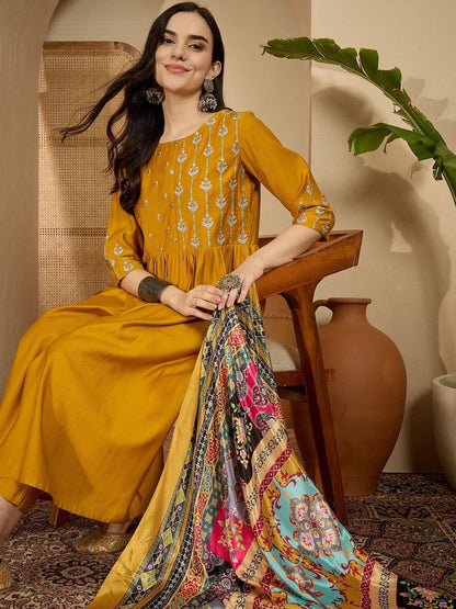 Floral Embroidered Pleated Thread Work Kurta With Trousers & Dupatta