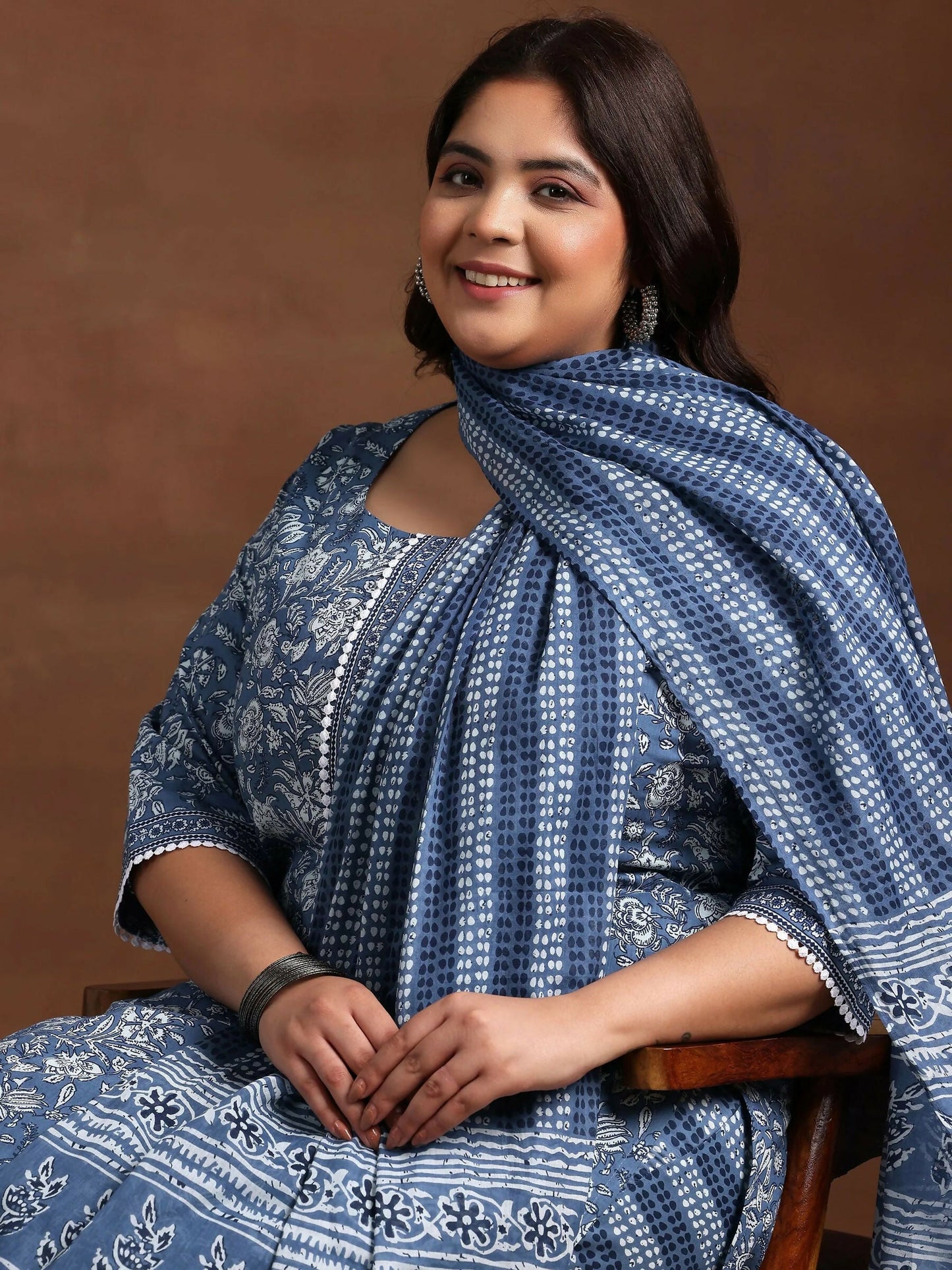 Women's LB Plus Size Blue Printed Cotton Straight Suit With Dupatta