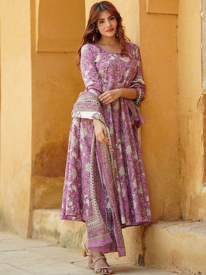 Dhiyona KL Floral Printed Pure Cotton Anarkali Kurta With Trousers & Dupatta