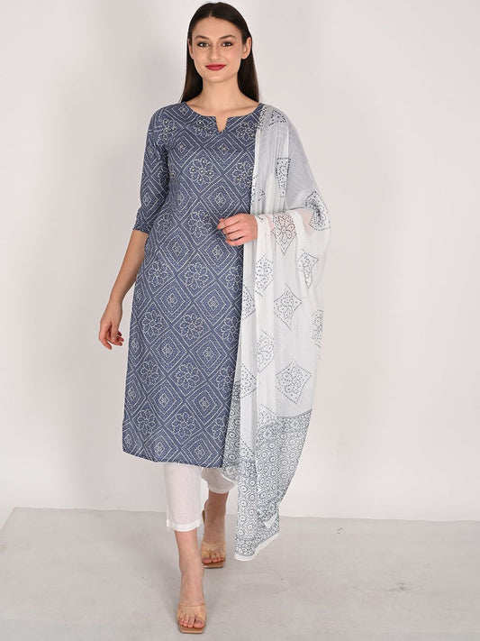 Dhiyona KL Women Bandhani Printed Regular Pure Cotton Kurta with Pyjamas & With Dupatta