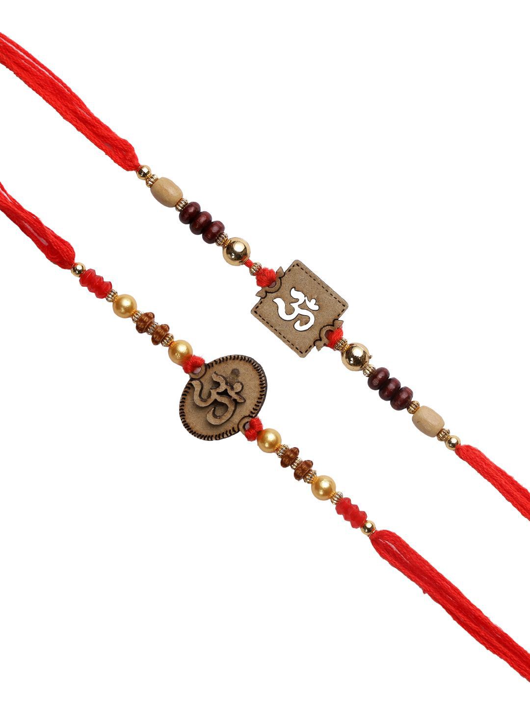 Dhiyona Set Of 2 Red Wooden Om Beaded Rakhi With Roli Rice & Greeting Card