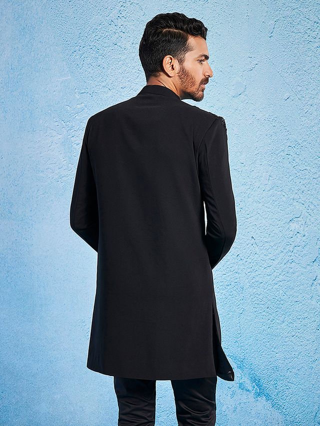 Men's Black Imported Suiting Lycra Straight Sherwani Only Top