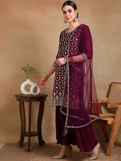 Dhiyona KL Women Ethnic Motifs Embroidered Regular Thread Work Kurta with Sharara & With Dupatta