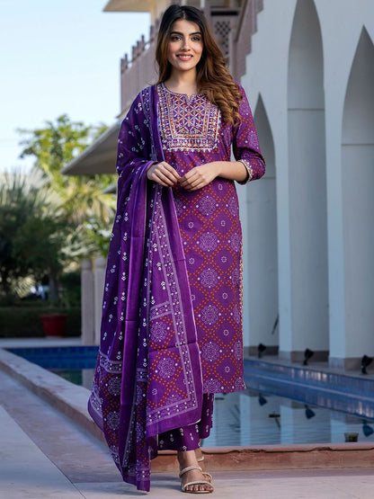 Dhiyona KL Women Bandhani Printed Regular Sequinned Pure Cotton Kurta with Trousers & With Dupatta