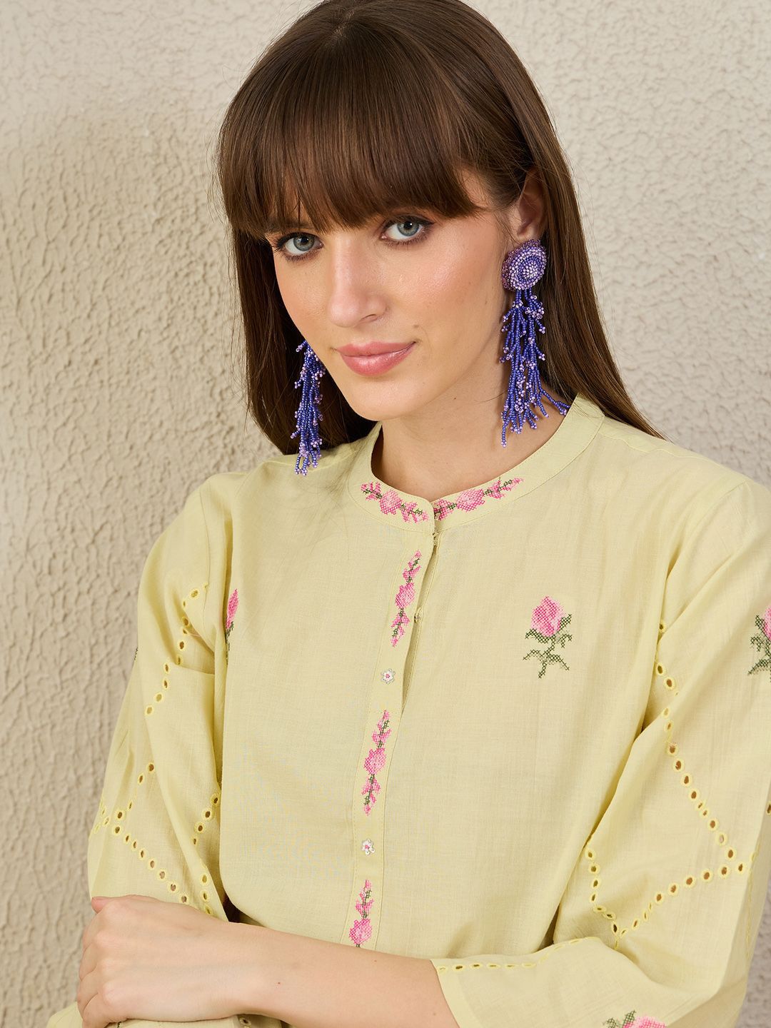 Dhiyona IE Floral Embroidered Pure Cotton Mandarin Collar Tunic With Trousers