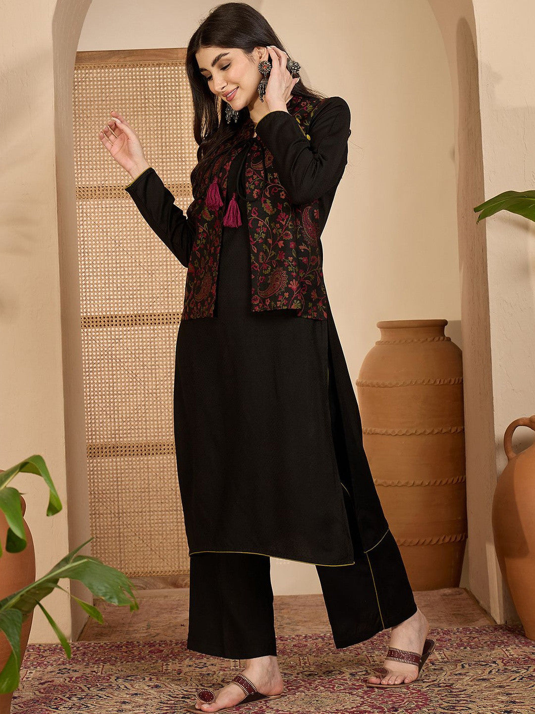 Winter Ethnic three-Piece kurta Set with Tassel-Tie Jacket