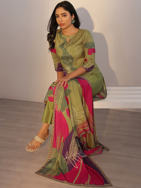Women Abstract Printed Straight Kurta with Trousers & Dupatta