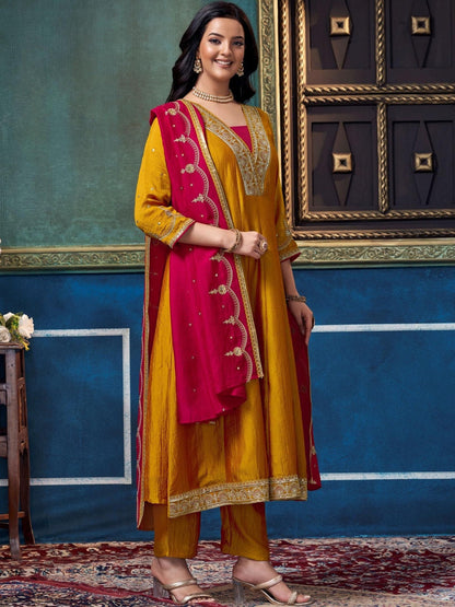 Embroidered V-Neck Kurta & Trousers With Dupatta