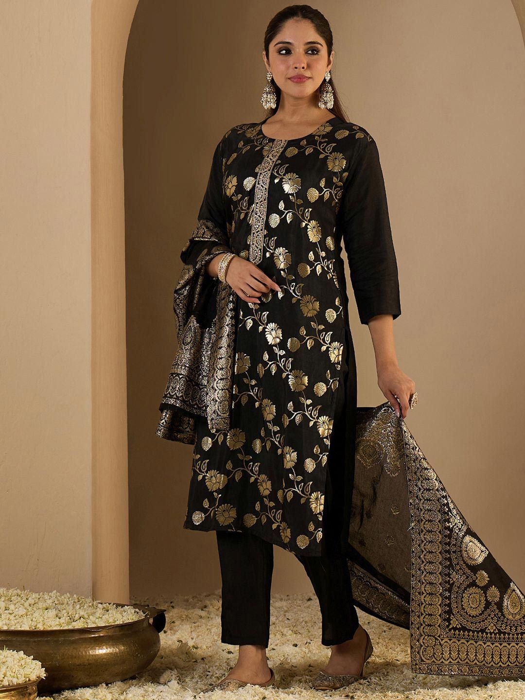 Dhiyona IE Floral Woven Design Straight Kurta With Trousers & Dupatta