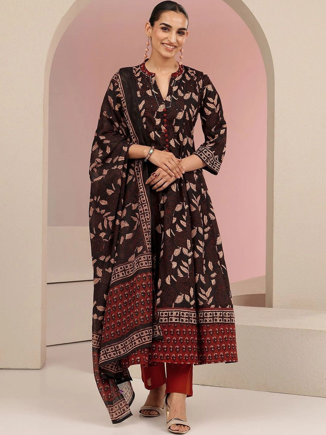 Black Leaf Printed Anarkali Cotton Suit Set