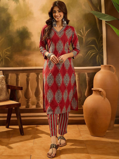 Printed Pure Cotton V-Neck Kurta & Trousers Kurta Sets