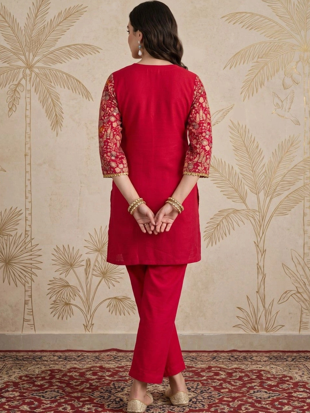 Women Ethnic Motifs Embroidered Regular Mirror Work Silk Crepe Kurti with Trousers