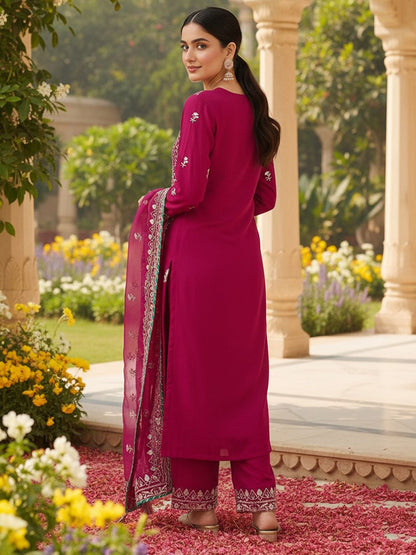 Dhiyona KL Floral Embroidered Straight Kurta with Palazzos & Dupatta