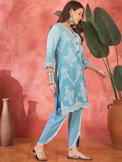 Floral Embroidered Chikankari V-Neck Pure Cotton Straight Kurta With Trousers