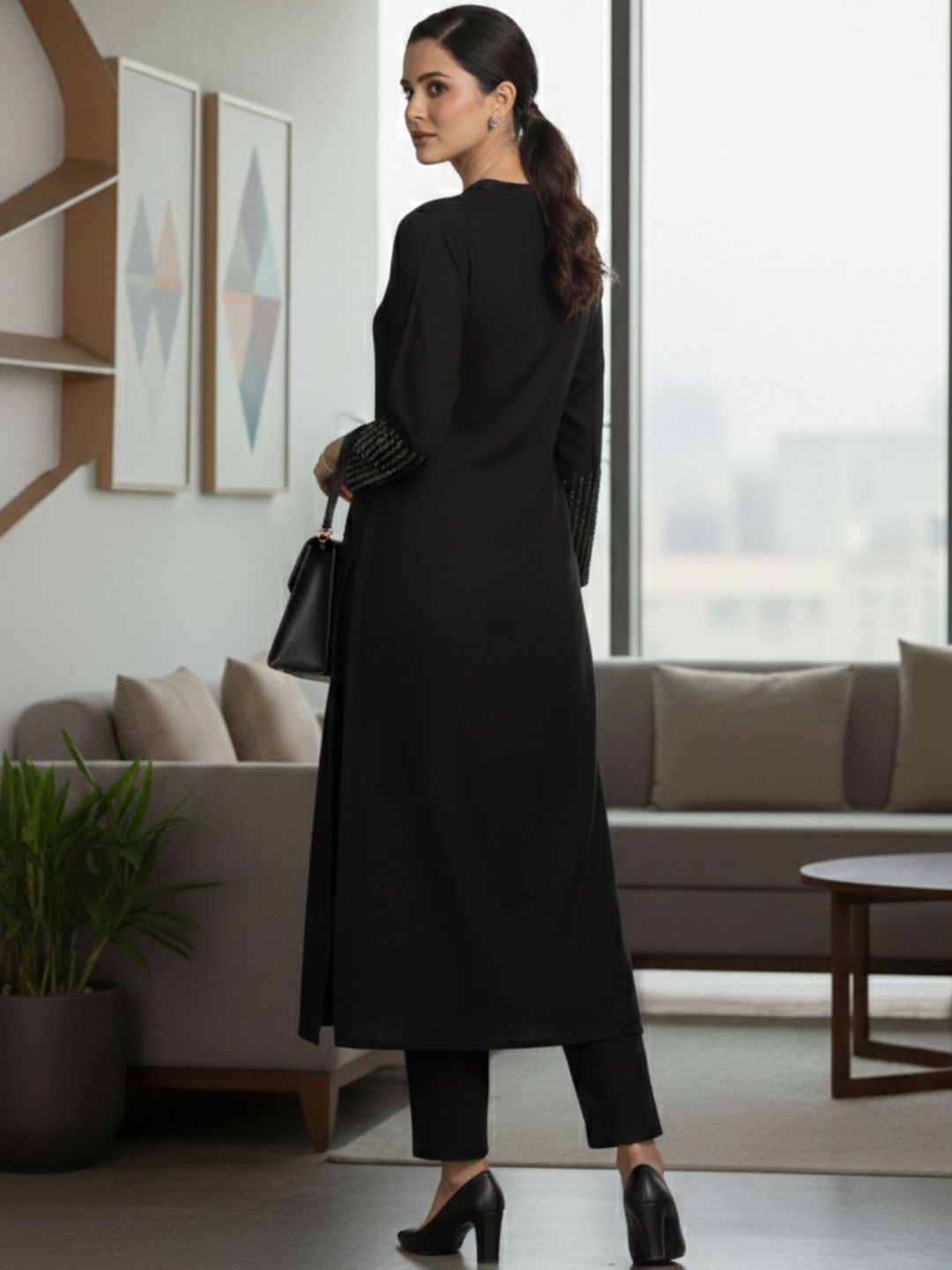 Black Women Regular Sequinned Kurta with Trousers