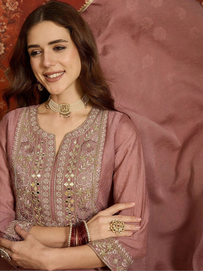 Women Ethnic Motifs Embroidered Regular Thread Work Pure Silk Kurta with Palazzos & With Dupatta