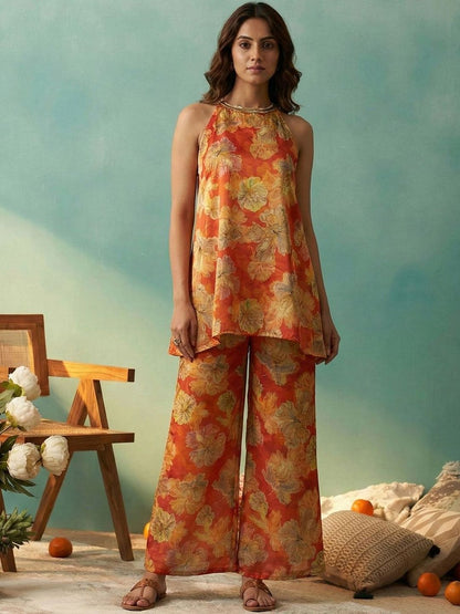 Dhiyona CH Women Floral Printed Regular Sequinned Top with Palazzos