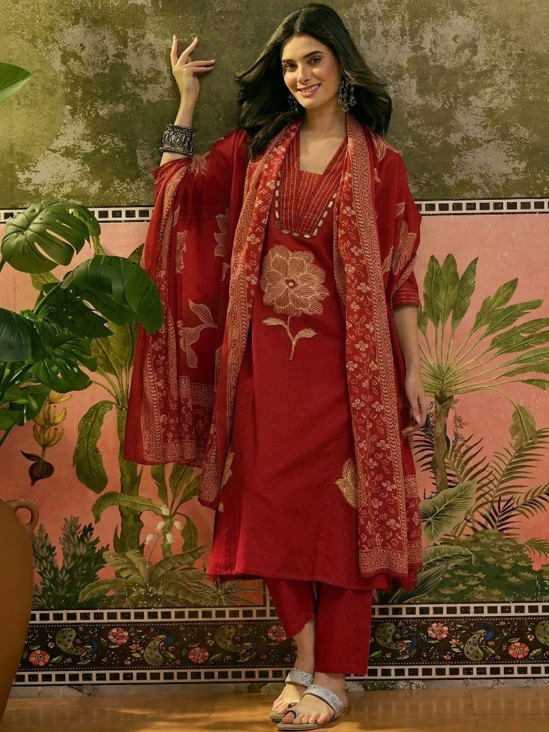 Dhiyona SN Women's Red Solid Embroidered Cotton A-line Kurta Pant Dupatta Set
