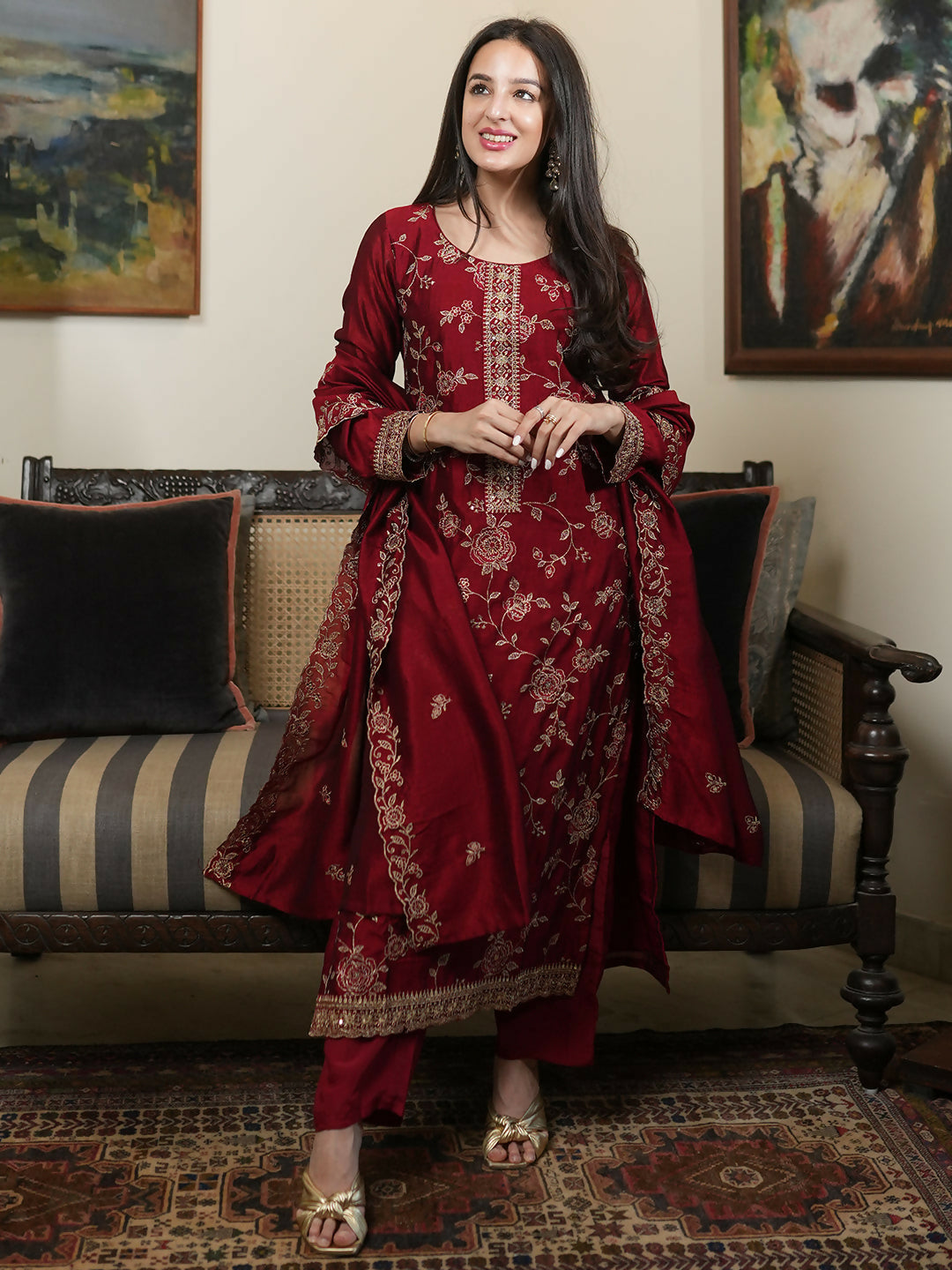 Women's LB Maroon Embroidered Silk Blend Straight Suit With Dupatta