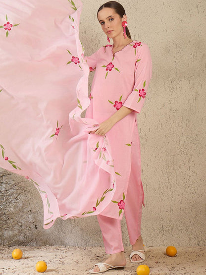 Women Floral Printed Regular Pure Cotton Kurta with Trousers & Dupatta