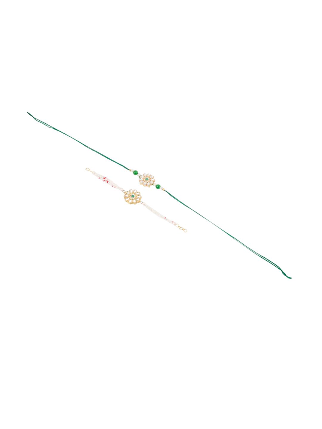 Dhiyona Set Of 2 Kundan Floral Design Gold Toned Bhaiya Bhabhi Rakhi Set With Roli Chawal