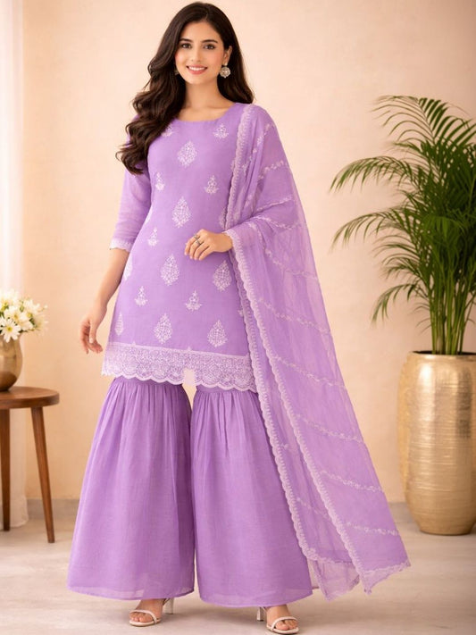 Dhiyona AN Women Ethnic Motifs Embroidered Regular Thread Work Chanderi Silk Kurta with Sharara & With Dupatta
