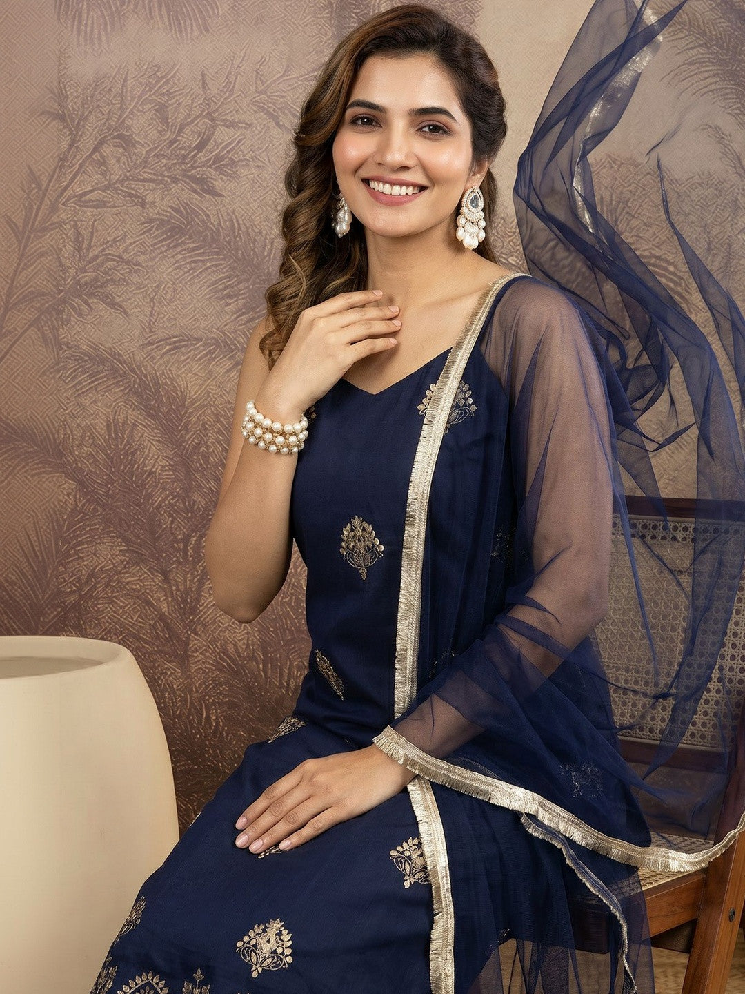Embroidered Silk Blend Sweetheart Neck Kurta & Trousers With Dupatta