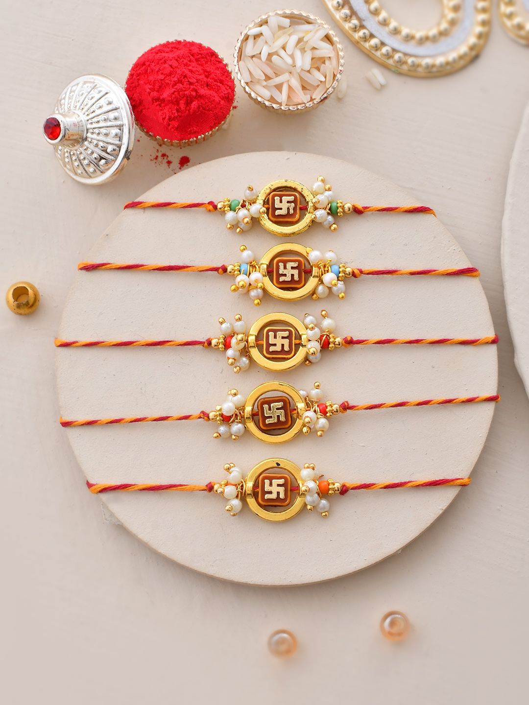 Dhiyona Set of 5 Gold-Toned Beaded Thread Rakhi