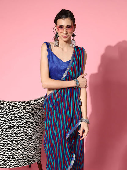 Women's Chiffon Blue Printed Celebrity Saree With Blouse Piece
