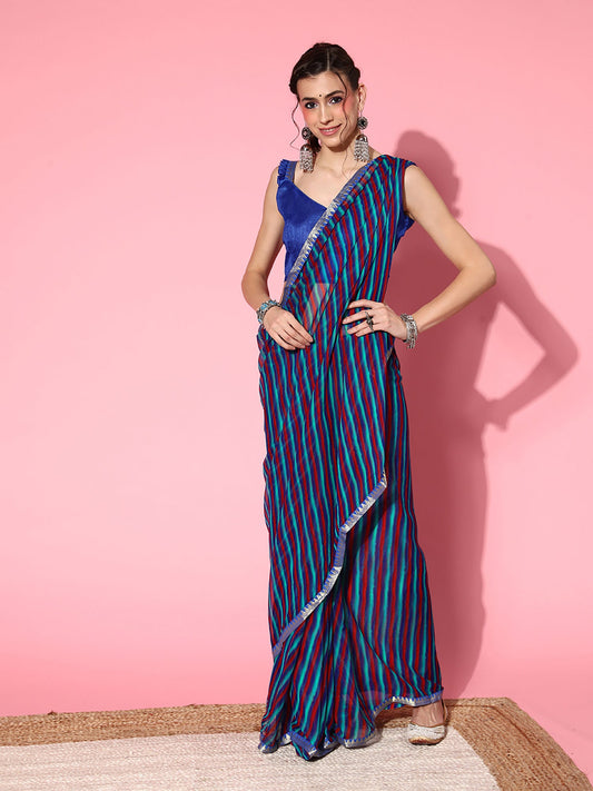 Women's Chiffon Blue Printed Celebrity Saree With Blouse Piece