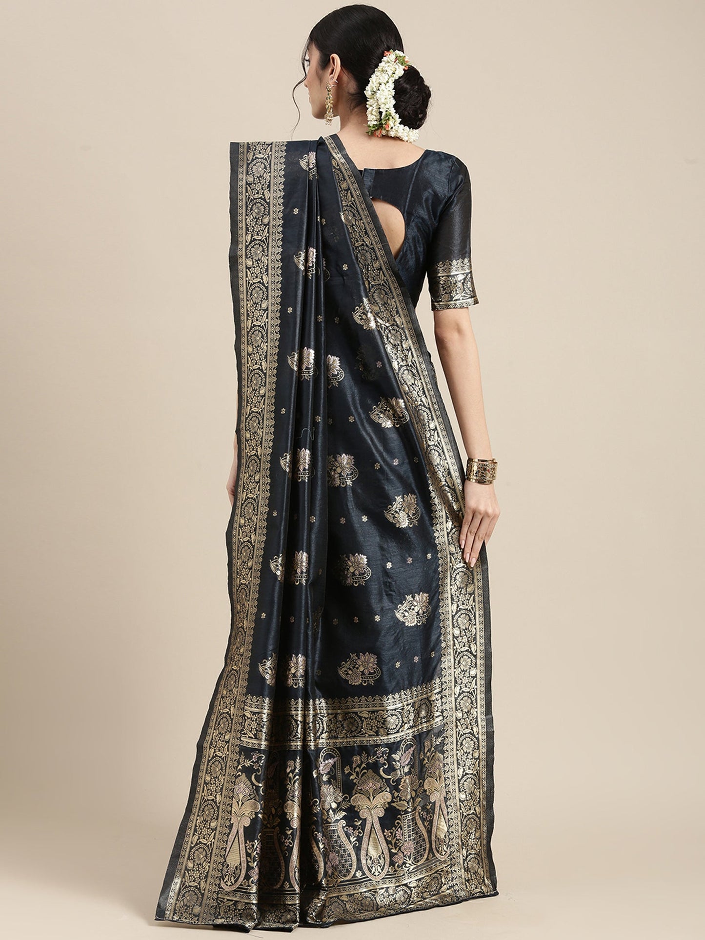 Women's Silk Blend Grey Woven Design Celebrity Saree With Blouse Piece