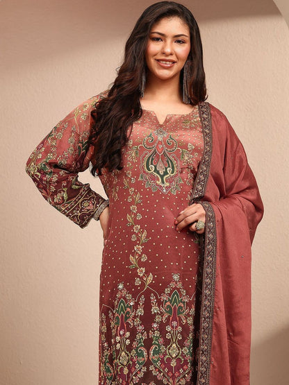 Dhiyona Women's Ethnic Motifs Printed Regular Silk Crepe Kurta with Palazzos & With Dupatta