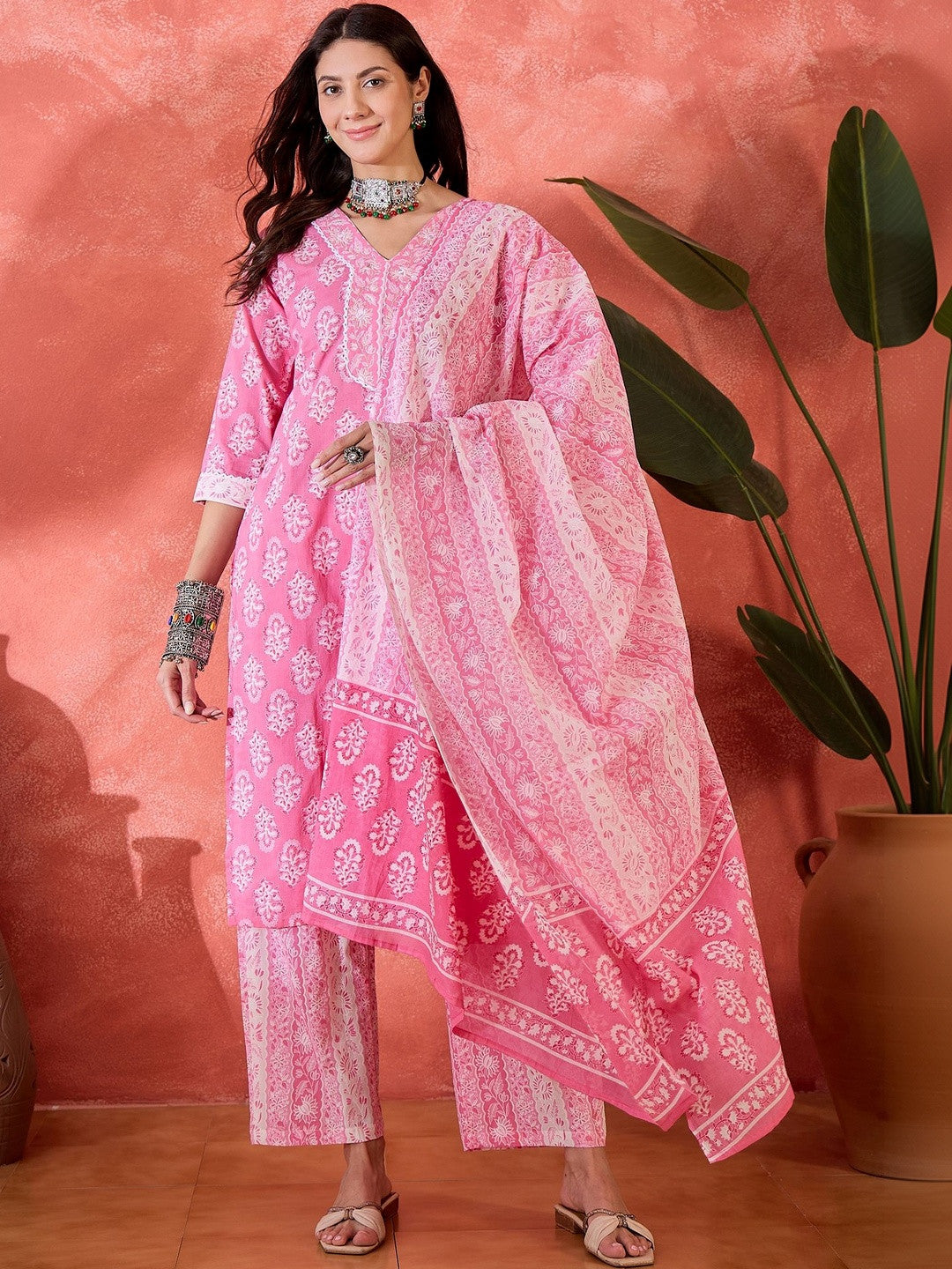 Printed Pure Cotton V-Neck Kurta Sets
