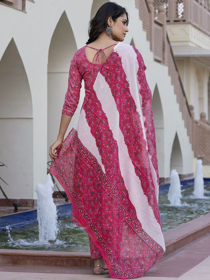 Dhiyona KL Floral Printed Chikankari Pure Cotton Anarkali Kurta With Trouser & Dupatta