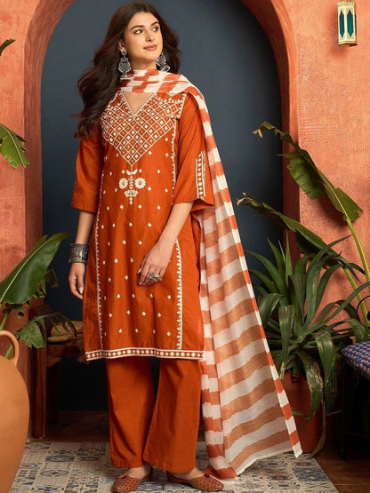 Women Ethnic Motifs Embroidered Regular Thread Work Pure Cotton Kurta with Trousers & With Dupatta