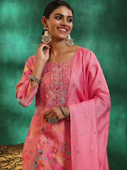 Women's LB Pink Printed Silk blend Straight Suit With Dupatta