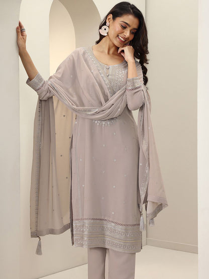 Ethnic Motifs Embroidered Round Neck Sequinned Kurta With Palazzos & Dupatta
