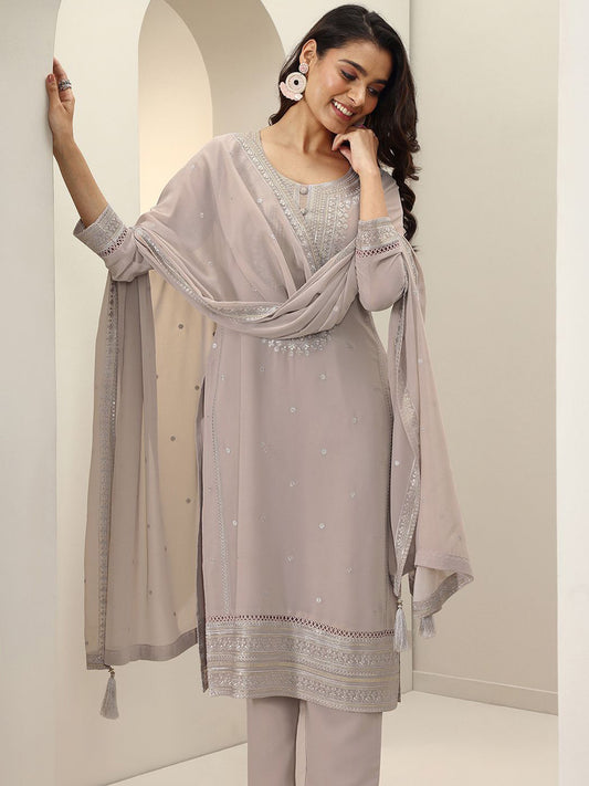 Ethnic Motifs Embroidered Round Neck Sequinned Kurta With Palazzos & Dupatta