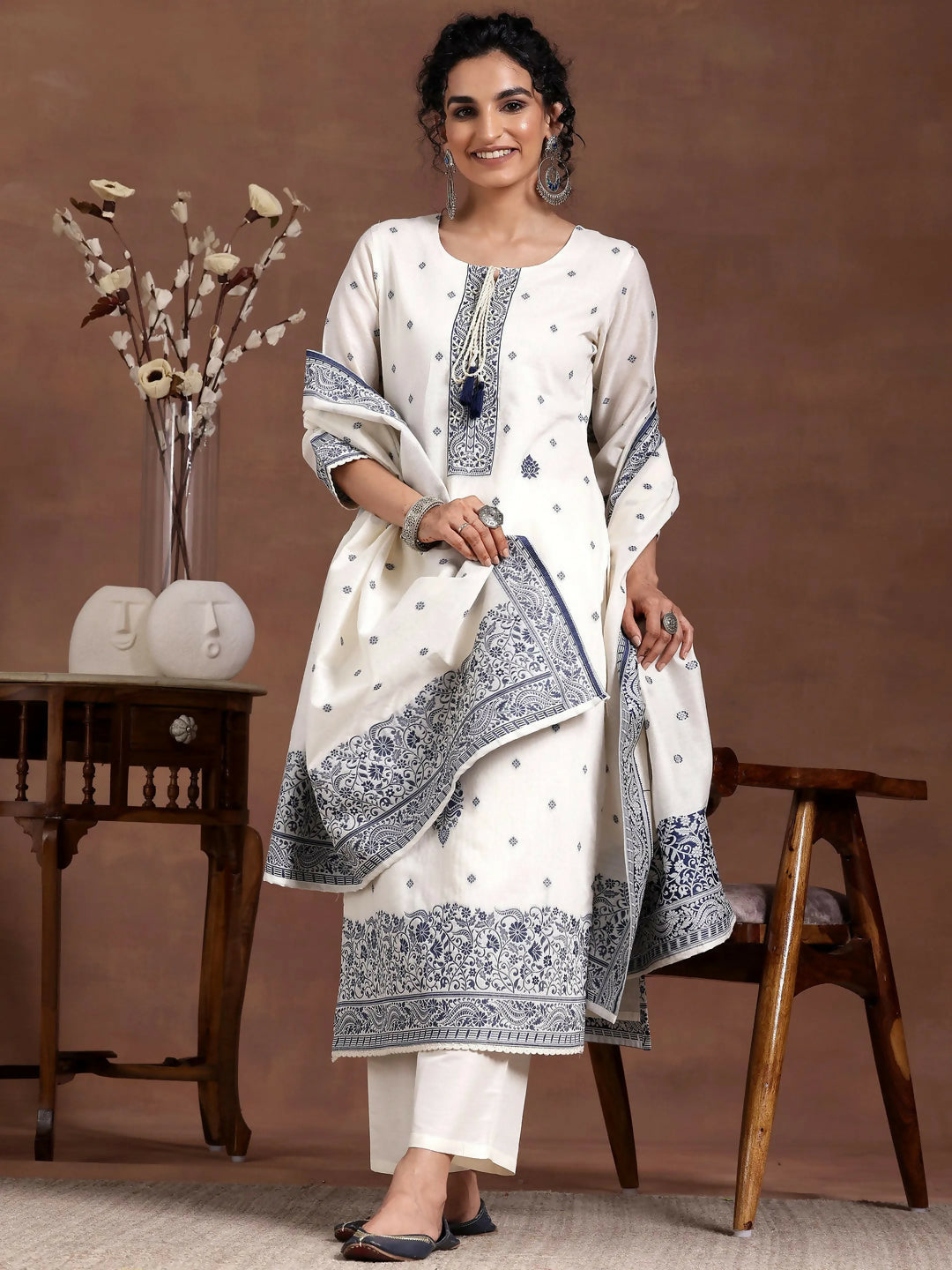 Women's LB Off White Woven Design Chanderi Silk Straight Suit With Dupatta