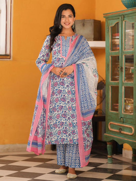 Dhiyona RR Women's Floral Printed Cotton Straight Kurta with Trousers & Dupatta