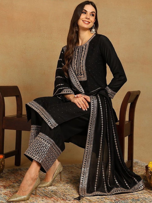 Dhiyona KL Ethnic Motifs Yoke Design Sequinned Kurta With Palazzos & Dupatta