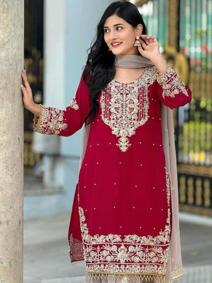 Dhiyona KL Women Embroidered Regular Sequinned Kurta with Sharara & With Dupatta