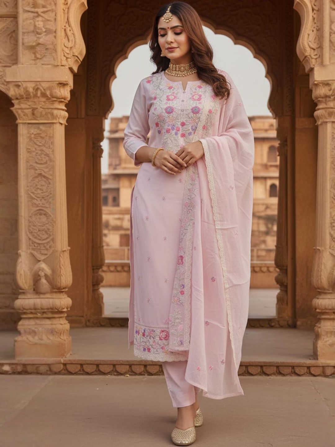 Dhiyona IE Women Pure Cotton Floral Embroidered Kurta Set With Trousers & Dupatta