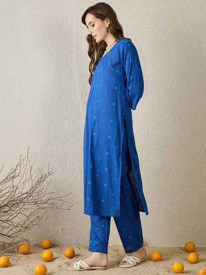 Dhiyona IE Geometric Printed Pure Cotton V-Neck Top With Trousers Co-Ords