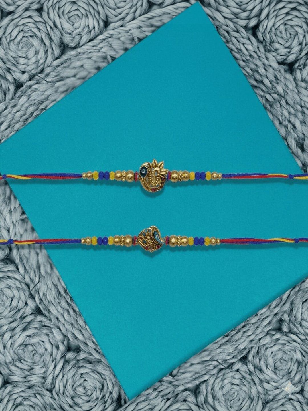 Dhiyona Set Of 2 Peacock Design Thread Rakhi With Roli Chawal Chandan Mishri